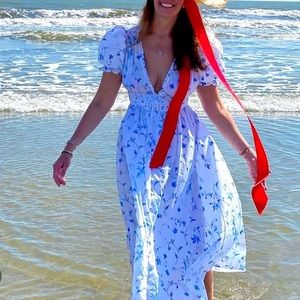EUC 🦋 Hill House 🦋 Sabrina Blue & White Botanical Floral Nap Dress, Size…